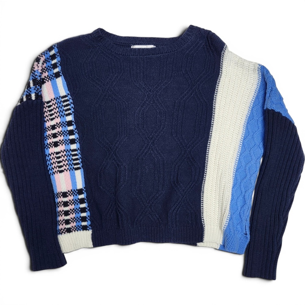 Colorblock Patchwork Cable Knit Grandmacore Sweater Small Plaid Navy Eclectic